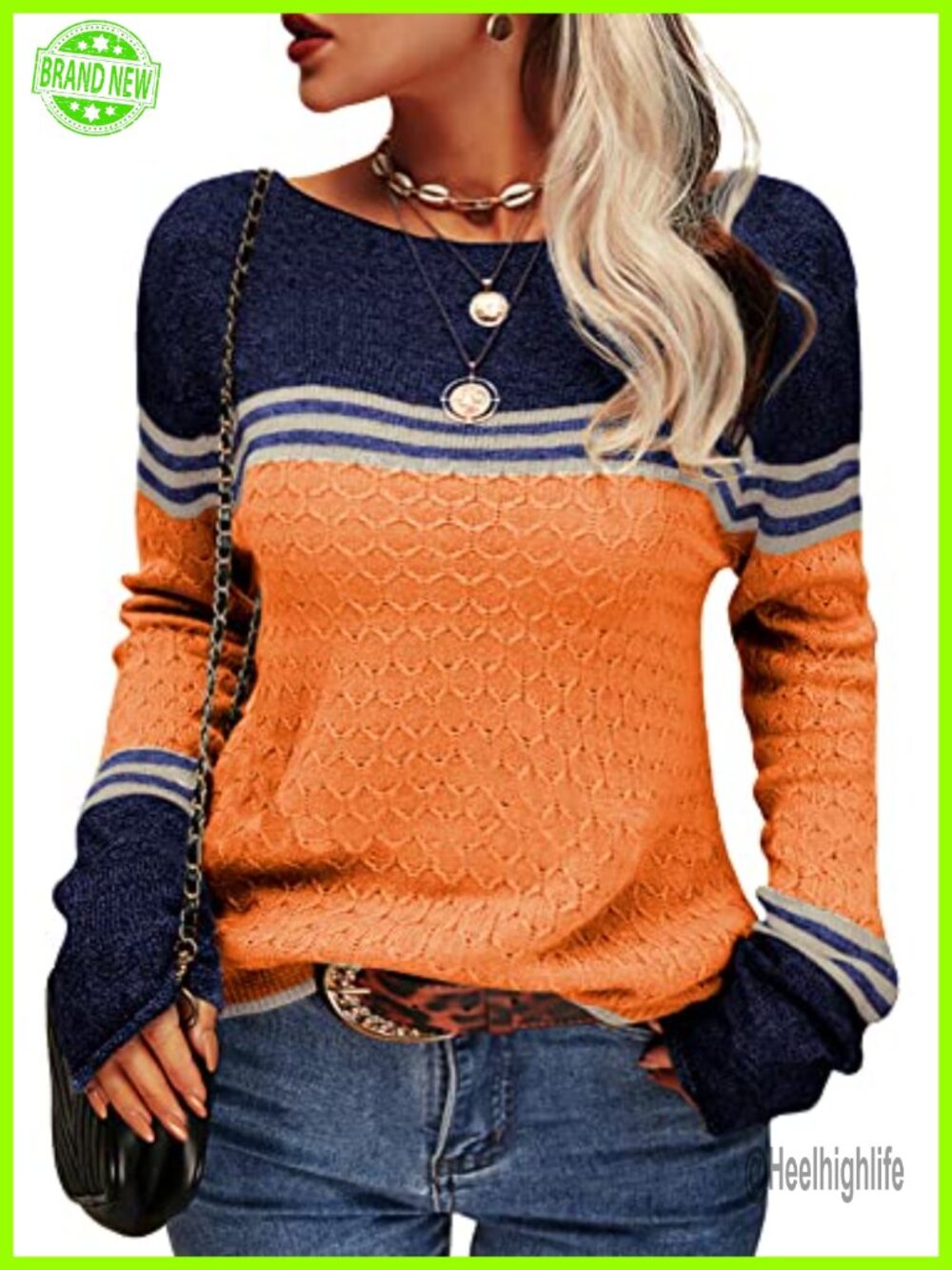 Lightweight Colorblock Striped Crewneck Pullover Sweater Slim Fit
